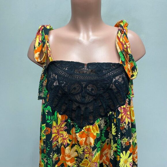 Free People‎ Womens Yellow Bali Moroccan Flowers Lace Front Bow Tie Tunic Top S - Picture 2 of 8